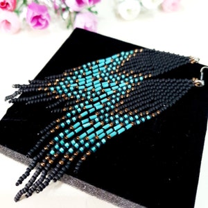 Beaded earrings,4.5 inches long,Seed bead fringe earrings,Boho earrings Turquoise, Matte black and bronze color,trends jewelry.gift idea