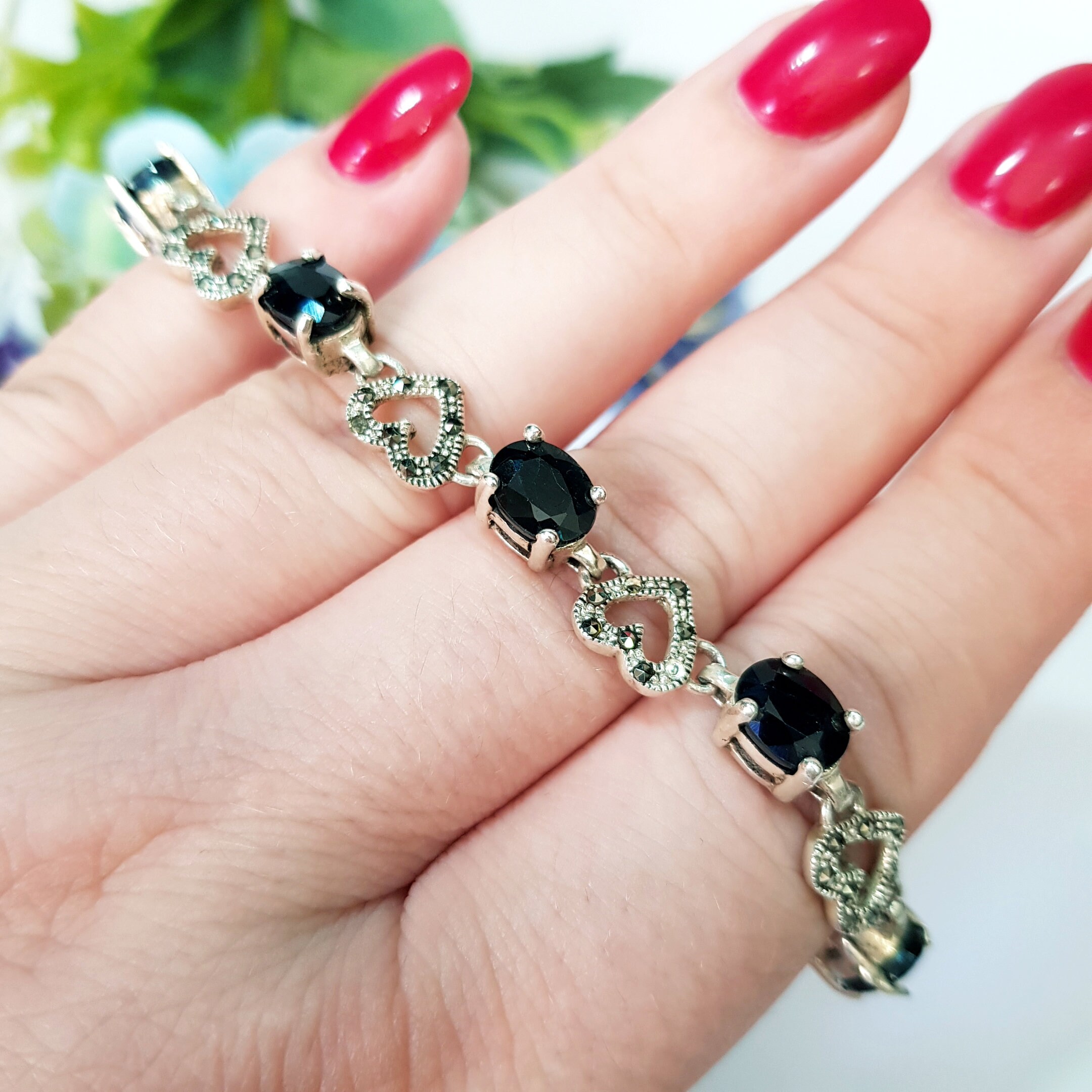 Vintage Sterling Silver 925 Bracelet With Black Zirconia and Vintage Sterling Silver 925 Bracelet With Black Zirconia and