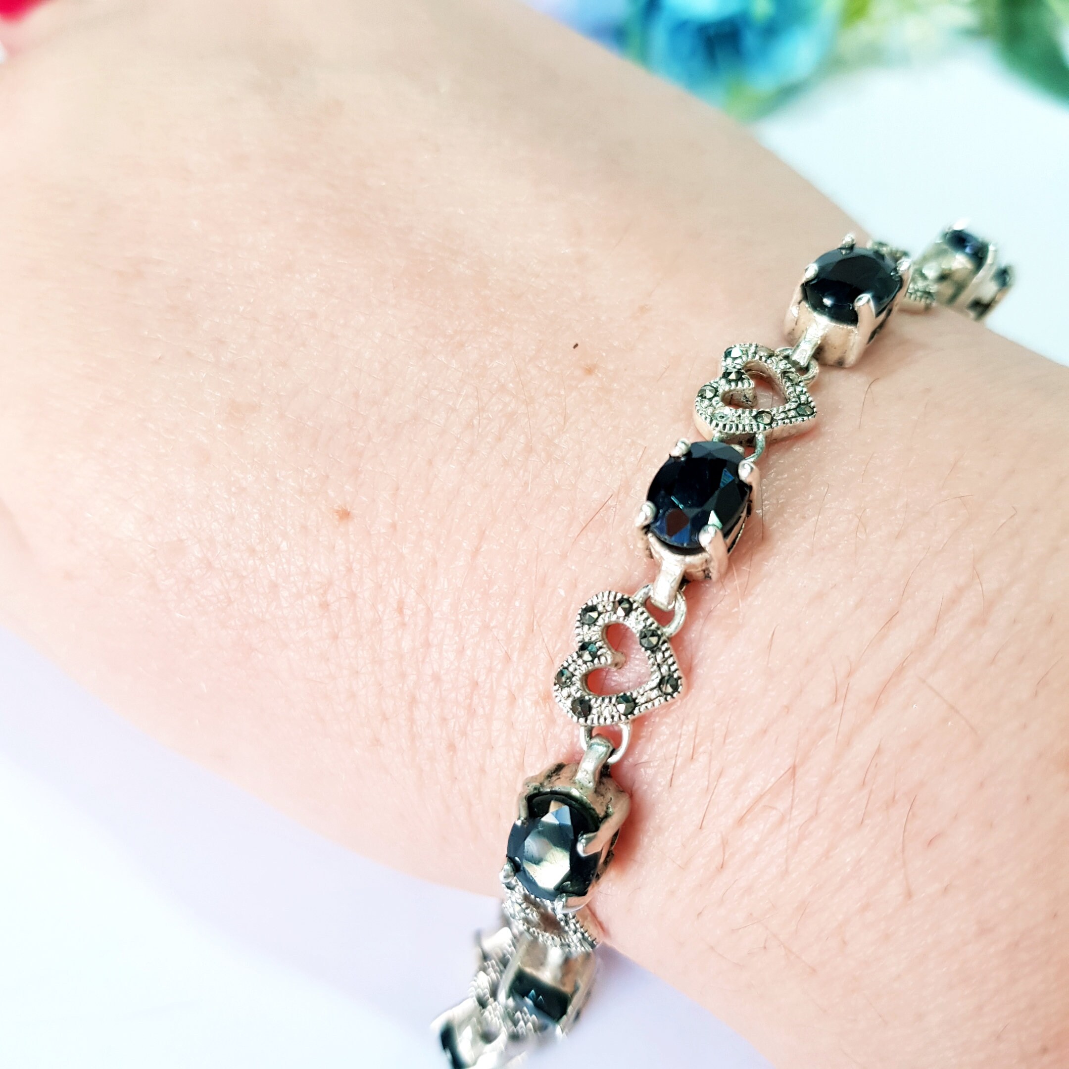 Vintage Sterling Silver 925 Bracelet With Black Zirconia and Vintage Sterling Silver 925 Bracelet With Black Zirconia and