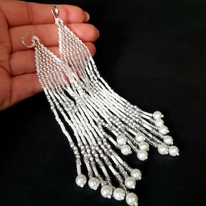 Boho Bridal Earrings: Handmade Silvery White Seed Bead Fringe