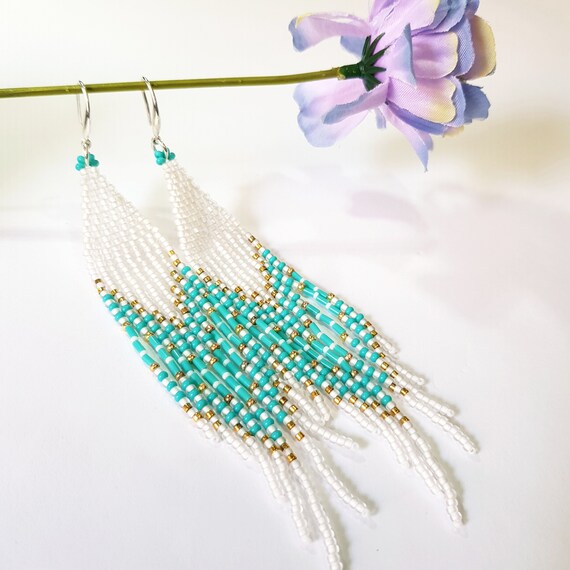 Fringed Harmony, Seed Bead Fringe Earrings -    earrings,  Turquoise seed bead, Beaded fringe