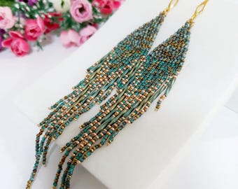 Turquoise Seed Bead Fringe Earrings: Shimmering Gold Bronze Dangle