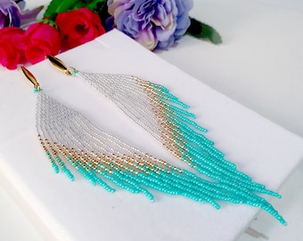 Seed beads long fringe earrings,4.5 inch long,Light earrings with white-opal effect,gold,turquoise color,smallest Japanese beads,trends 2024