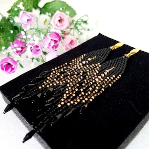 Rich seed beads earrings with black crystals,black,gold bronze color,4.5 inch long fringe earrings,trends jewelry 2025,popular gift for her