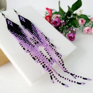 Very long beaded fringe earrings,6 inch long,Sparkling earrings with crystals,Matte black and lavender purple colors,Trends jewelry 2025