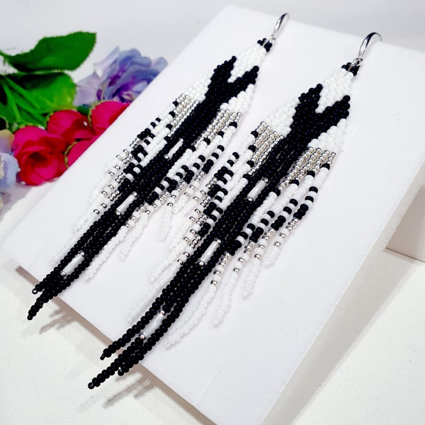 Beaded earrings,5 inch long,seed beads fringe,Ethnic style,Matte black,white and silver colors,handmade,bead woven trends jewelry 2023