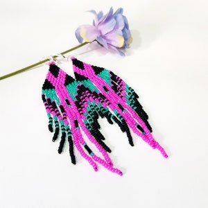 Sehr helle Perlen Ohrringe,12 cm lang,Glasperlen Ohrringe,Ethno Stil,Hot Pink,türkis und mattschwarz Farbe,Trends Schmuck Bild 10