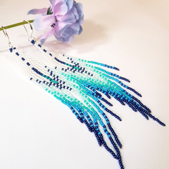 Long Dangle Earrings 5 Inches matte White mint turquoise blue and
