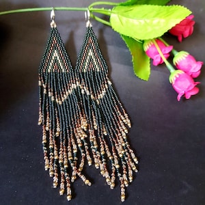 Very long tassel earrings,Beaded earrings Matte green,gold,bronze color gradient,Seed Beads 6 inches long fringe, popular layered earrings