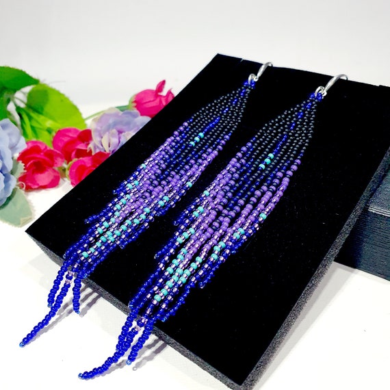 Seed Beads Fringe Earrings 5 Inch Longmatte Blackpurple Etsy