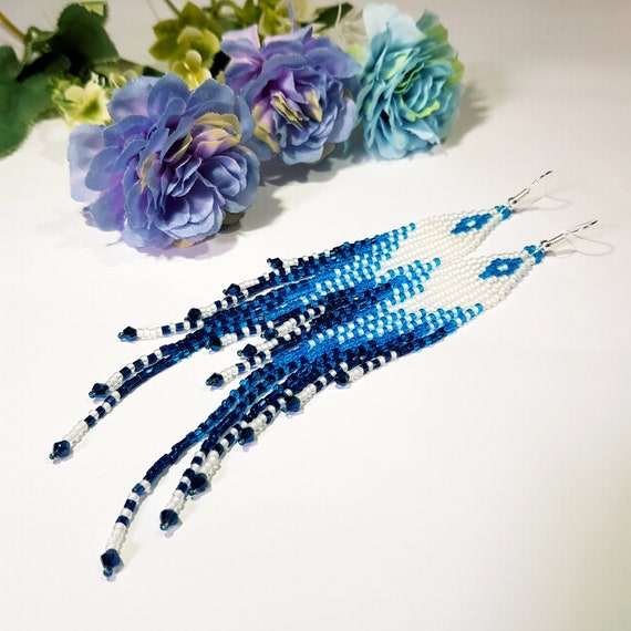 Very Long Beaded Fringe Earrings sparkling Earrings With Crystals 5.5 Inch Long matte White and Ink Blue Color trend Jewelry 2024 gift Idea Etsy Canada
