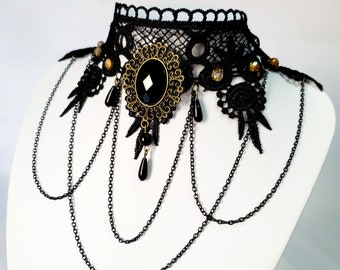 Gothic Black Lace Choker: Gold Crystal Chain Victorian Necklace