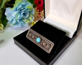 Vintage Bezalel 930 Blackened Silver brooch/  Rectangular brooch with Turquoise gemstone/ 1930s Jerusalem Jewelry/ Made in Palestine