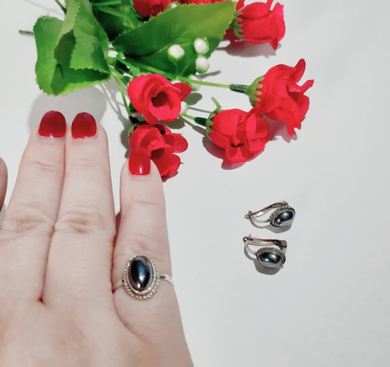 Vintage set jewelry sterling silver 925 with hematite stone Vintage earrings Vintage ring 6 size USSR jewelry