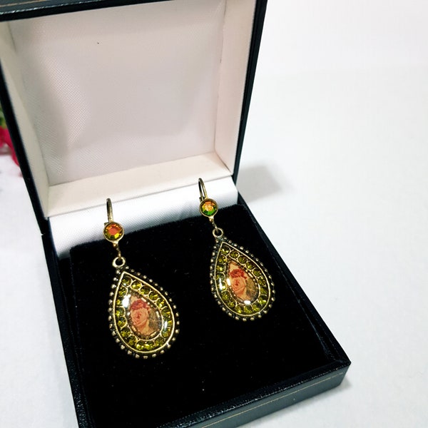 Michal Negrin drop earrings/Vintage jewelry Bronze tone/green crystals/Designer earrings 1990/Signature earrings/Made in Israel