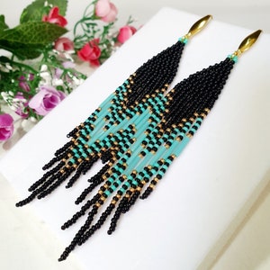 Beaded earrings,4.5 inches long,Seed Bead fringe earrings,Boho style,Turquoise, black and gold colors,Cascade falls,handmade jewelry 2025