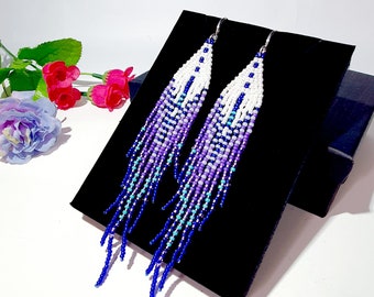 Seed bead earrings,5 inches ,Pearl white,Purple amethyst,Royal blue,Turquoise,Bohemian trends 2024 jewelry,Glamorous long dangle earrings