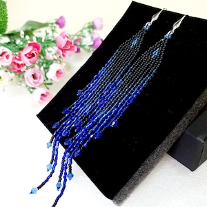 Very long beaded earrings,6 inch,Rich jewelry,Black,royal blue,Trendy colors 2025,Sparkling cocktail earrings,holiday bead fringe earrings