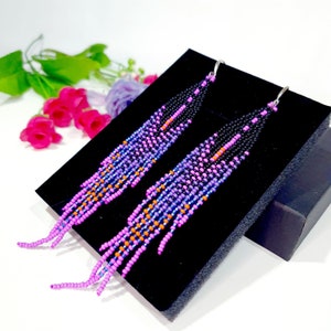 Seed bead earrings,5 inch long.Black,Dark Purple,Sparkling blue,Fuchsia,Orange colors.Bohemian,Glamorous peyote earrings dangle earrings