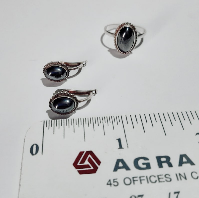 Vintage set jewelry sterling silver 925 with hematite stone Vintage earrings Vintage ring 6 size USSR jewelry