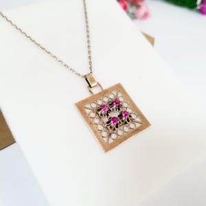 USSR vintage 1970,square pendant with long chain,875 silver,plated with 14 K rose gold,Synthetic Rubies-Corundum hot pink color,Rare jewelry