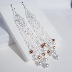 Bridal Seed Bead Earrings: Silvery White Gold, Boho Wedding Jewelry