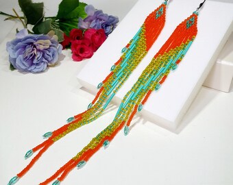 Very long bead fringe earrings,8 inch.Orange,Turquoise,Green bright rich color. Boho style seed beads tassel earrings.trends jewelry 2023