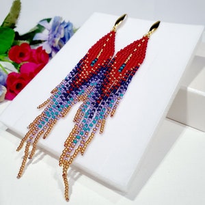 Long bead earrings,Seed beads fringe 5 inch,Red,Purple amethyst,Dark purple,Turquoise, Gold  bright color,bead tassel earrings,popular gift