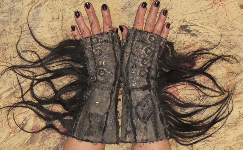 HUMAN HAIR sold by Single Glove or Pair Apocalyptic Fingerless Gloves very dark BEiGE with BLACK Fallout Gloves for Women