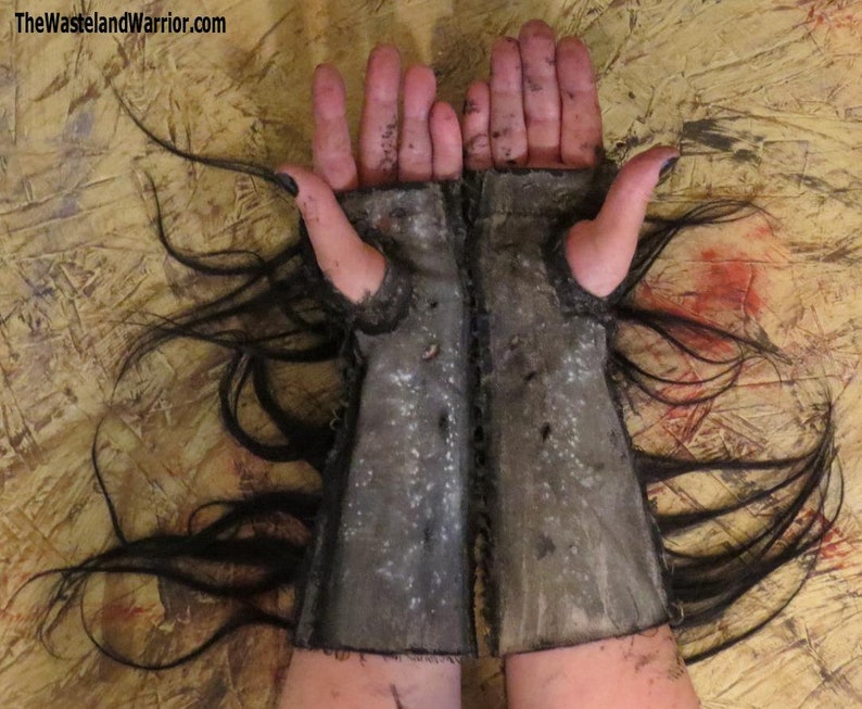 HUMAN HAIR sold by Single Glove or Pair Apocalyptic Fingerless Gloves very dark BEiGE with BLACK Fallout Gloves for Women