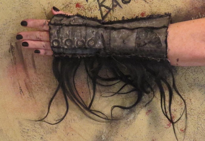 HUMAN HAIR sold by Single Glove or Pair Apocalyptic Fingerless Gloves very dark BEiGE with BLACK Fallout Gloves for Women
