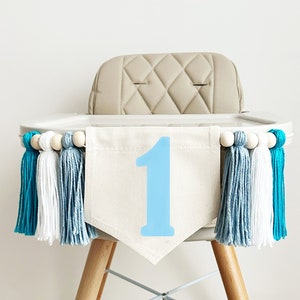 1st Birthday High Chair Banner, Neutral First Birthday Party Decorations, Boho Yarn Tassel Banner, Cake Smash Decor, Photo Prop Sign, Blue