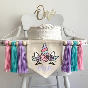 Unicorn 1st Birthday Banner, Pastel High Chair Decoration, Magical First Birthday Party Sign, Tassel Banner, Cake Smash Pennant, Photo Prop