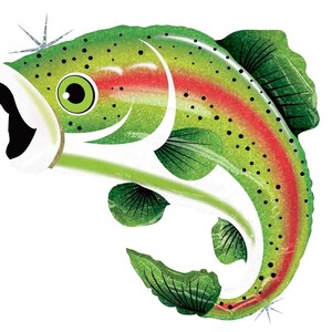 A colorful, cartoonish fish with a rainbow pattern on its body and fins.