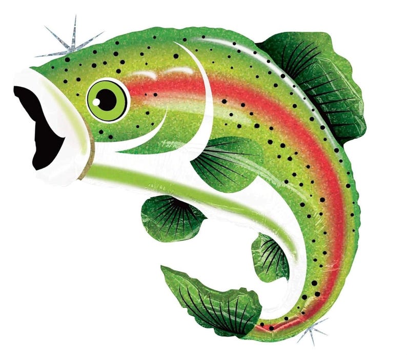 A colorful, cartoonish fish with a rainbow pattern on its body and fins.