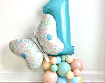 Déco Anniversaire Papillon 1 An, Ballon Chiffre 32 Pouces | Ballon chiffre 1 32 pouces, papillons violets XXL, fleurs, ballon rond, latex, bannière Happy Birthday et gâteau