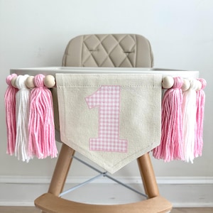 1st Birthday High Chair Banner, Pink Gingham First Birthday Party Decorations, Boho Yarn Tassel Garland, Cake Smash Decor, Photo Prop Sign