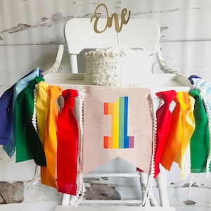 FINAL SALE Rainbow First Birthday Decor, Rainbow Highchair Banner, Colorful Birthday Party Sign, Cake Smash Prop, HC127