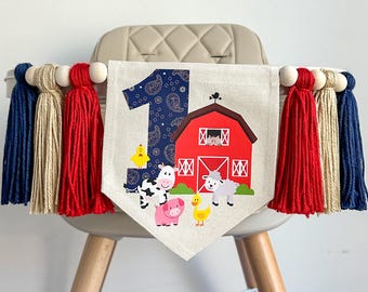 Decoraciones para fiesta de primer cumpleaños en el granero, pancarta para trona de granja, letrero de primer cumpleaños de granjero, decoración de tractor, diversión en la granja, animales de granja