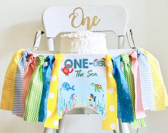Striscione per il primo compleanno: tema creature marine - Decorazione per seggiolone