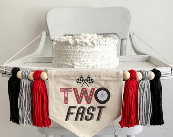 Two Fast 2nd Birthday Tassel Banner, Race Car Highchair Decoration, Racing Second Birthday Party Sign, Cake Smash Pennant