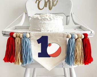 Vissen 1e verjaardag kinderstoel banner, OFishally een eerste verjaardagsfeestje decoraties, bas vis garen kwastje banner, cake Smash decor