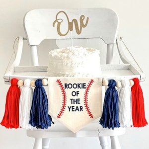 Banner de borlas para el primer cumpleaños de Novato del año, decoración para trona de béisbol, letrero para fiesta de primer cumpleaños de Little Slugger, banderín para aplastar pastel