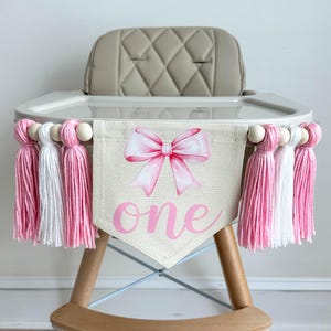 Lazo de coqueta, decoraciones para primer cumpleaños, fiesta temática rosa, fiesta de niña, pancarta de lazo, decoración para primer cumpleaños, pancarta para trona, pastel Smash