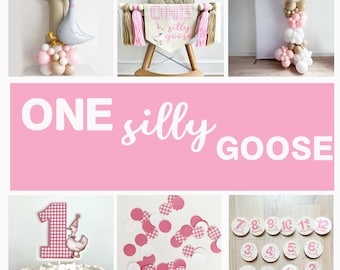 One Silly Goose - Decoraciones para fiesta de primer cumpleaños de niña, arco de globos rosa, pancarta con fotos de 12 meses y kit para fiesta de ganso