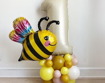 Bumble Bee First Birthday Balloons, Bee Birthday Decorations, Yellow and Pink Balloon Tower, Bee Party Decor, Bumble Bee 1st Birthday