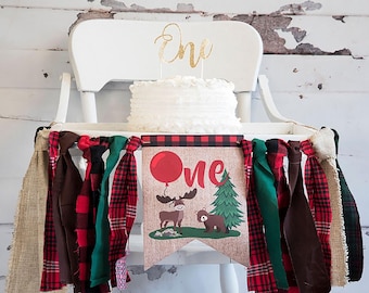Bear and Moose Highchair Banner - Lumberjack 1st Birthday Decor