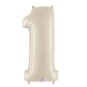 May include: A large, cream-colored number one balloon. The balloon is inflated and has a shiny, metallic finish. It is designed for birthday celebrations or other milestone events.