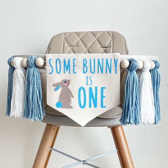 Easter 1st Birthday Party Decorations, Some Bunny is One High Chair Banner, Spring First Birthday Tassel Sign, Blue Rabbit Cake Smash Decor