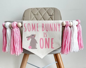 Easter 1st Birthday Party Decorations, Some Bunny is One High Chair Banner, Spring First Birthday Tassel Sign, Pink Rabbit Cake Smash Decor